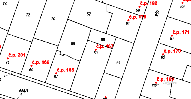 Kostomlaty nad Labem 167 na parcele st. 65 v KÚ Kostomlaty nad Labem, Katastrální mapa