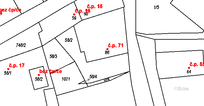 Podmoky 71 na parcele st. 86 v KÚ Podmoky u Městce Králové, Katastrální mapa