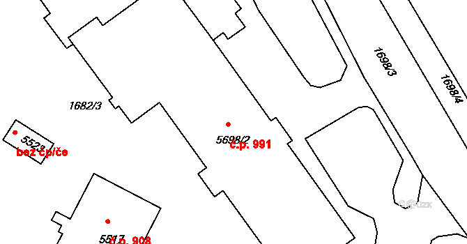 Nové Dvory 991, Třebíč na parcele st. 5698/2 v KÚ Třebíč, Katastrální mapa