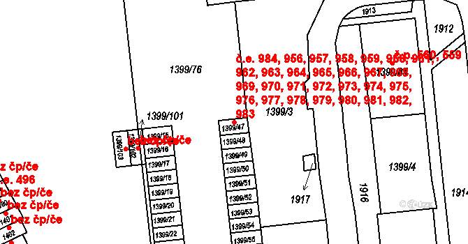 Štýřice 956,957,958,959,960,, Brno na parcele st. 1399/47 v KÚ Štýřice, Katastrální mapa