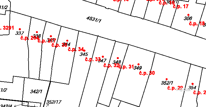 Teplice 32 na parcele st. 347 v KÚ Teplice, Katastrální mapa