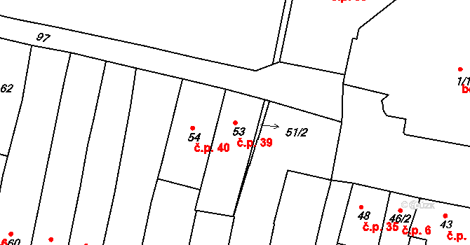 Frýdek 39, Frýdek-Místek na parcele st. 53 v KÚ Frýdek, Katastrální mapa
