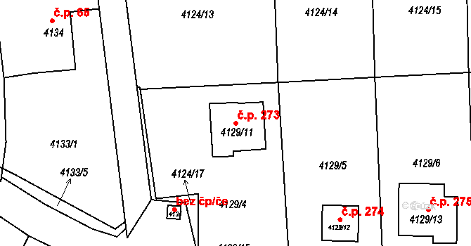 Lískovec 273, Frýdek-Místek na parcele st. 4129/11 v KÚ Lískovec u Frýdku-Místku, Katastrální mapa