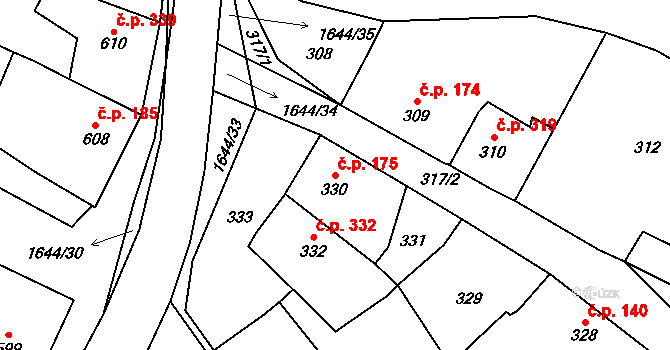 Hostomice 175 na parcele st. 330 v KÚ Hostomice pod Brdy, Katastrální mapa