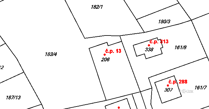 Praskolesy 13 na parcele st. 206 v KÚ Praskolesy, Katastrální mapa
