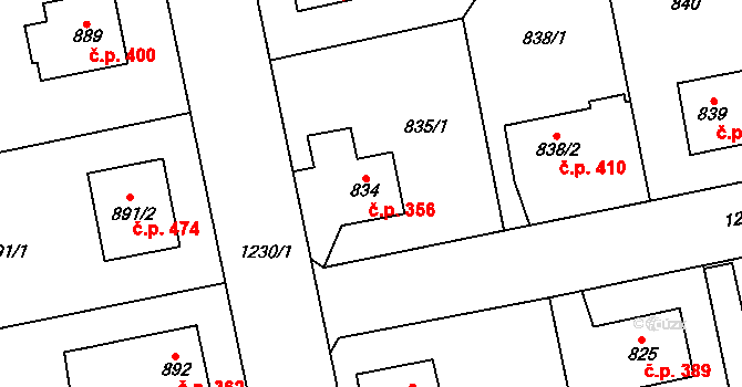 Nebušice 356, Praha na parcele st. 834 v KÚ Nebušice, Katastrální mapa