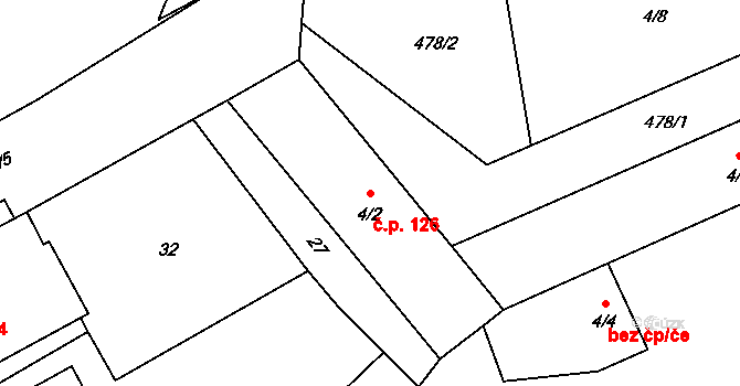 Žireč 126, Dvůr Králové nad Labem na parcele st. 4/2 v KÚ Žireč Městys, Katastrální mapa