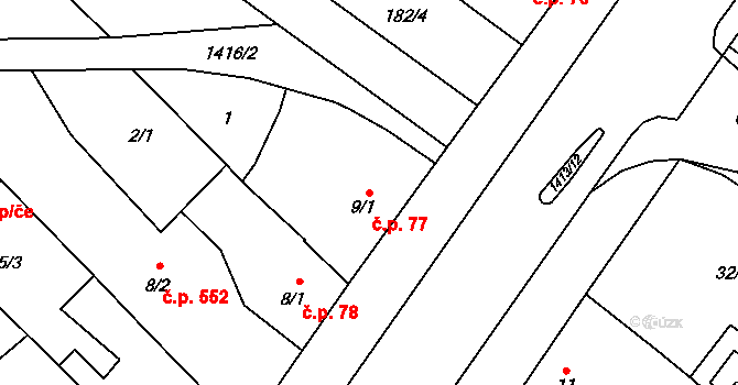 Chválkovice 77, Olomouc na parcele st. 9/1 v KÚ Chválkovice, Katastrální mapa