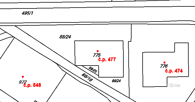 Povel 477, Olomouc na parcele st. 775 v KÚ Povel, Katastrální mapa