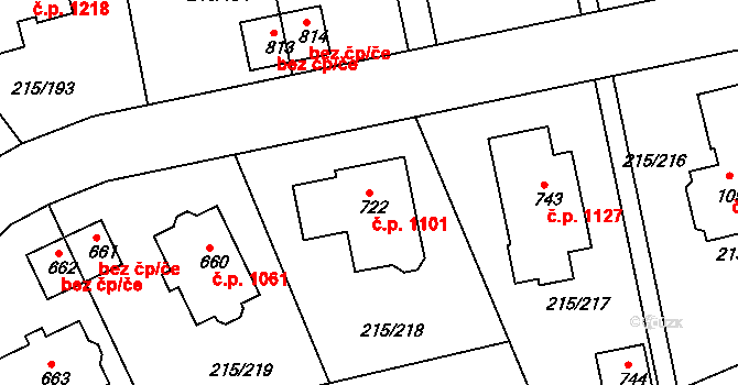 Rudná 1101 na parcele st. 722 v KÚ Hořelice, Katastrální mapa