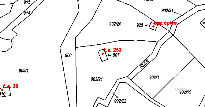 Dolní Zálezly 253 na parcele st. 907 v KÚ Dolní Zálezly, Katastrální mapa