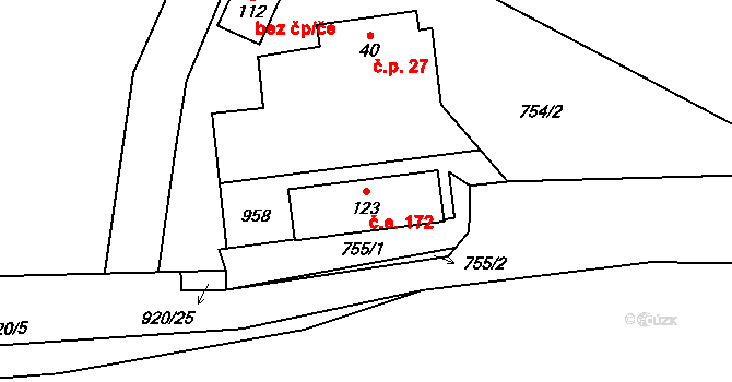 Spolí 172, Libín na parcele st. 123 v KÚ Spolí u Ledenic, Katastrální mapa