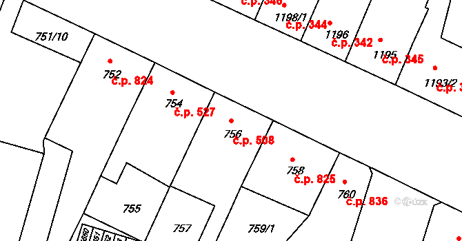 Benešov 508 na parcele st. 756 v KÚ Benešov u Prahy, Katastrální mapa