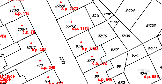 Předměstí 1153, Opava na parcele st. 97/8 v KÚ Opava-Předměstí, Katastrální mapa