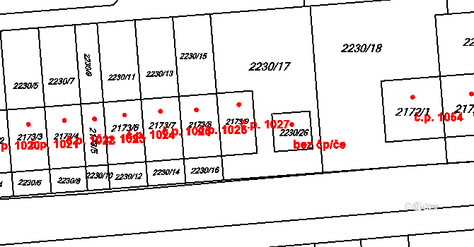 Podbořany 1027 na parcele st. 2173/9 v KÚ Podbořany, Katastrální mapa