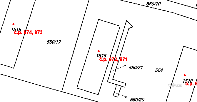 Milevsko 971,972 na parcele st. 1516 v KÚ Milevsko, Katastrální mapa