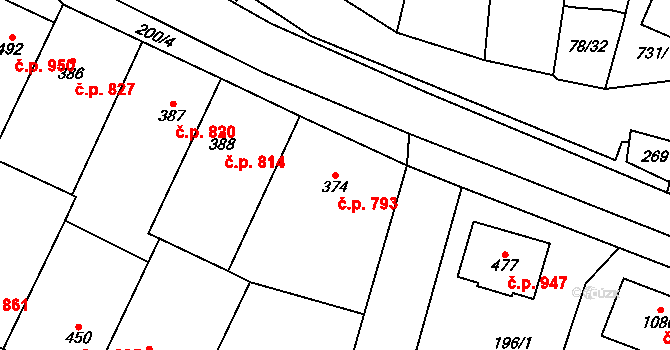 Kralupy nad Vltavou 793 na parcele st. 374 v KÚ Lobeč, Katastrální mapa