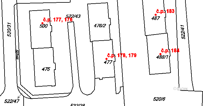 Chodov 178,179 na parcele st. 477 v KÚ Chodov u Domažlic, Katastrální mapa