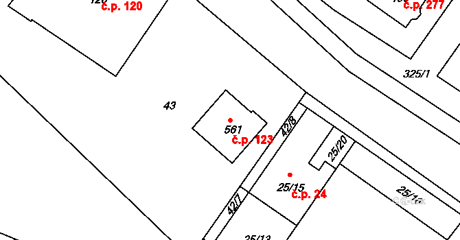 Dukovany 123 na parcele st. 561 v KÚ Dukovany, Katastrální mapa