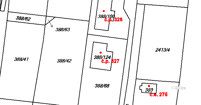 Hlásná Třebaň 327 na parcele st. 388/124 v KÚ Hlásná Třebaň, Katastrální mapa