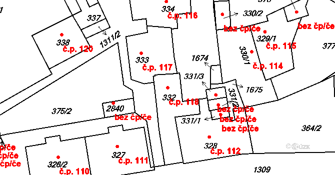 Horní Brána 118, Český Krumlov na parcele st. 332 v KÚ Český Krumlov, Katastrální mapa