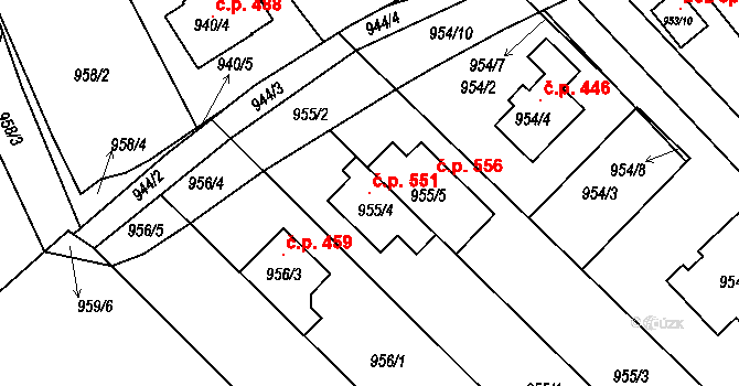 Telnice 551 na parcele st. 955/4 v KÚ Telnice u Brna, Katastrální mapa