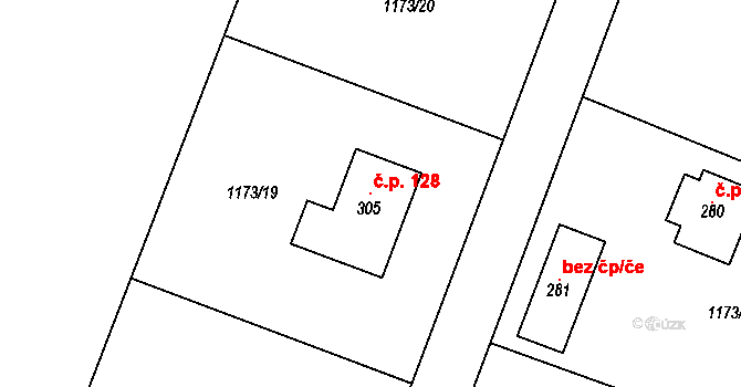 Opatovice I 128 na parcele st. 305 v KÚ Opatovice I, Katastrální mapa