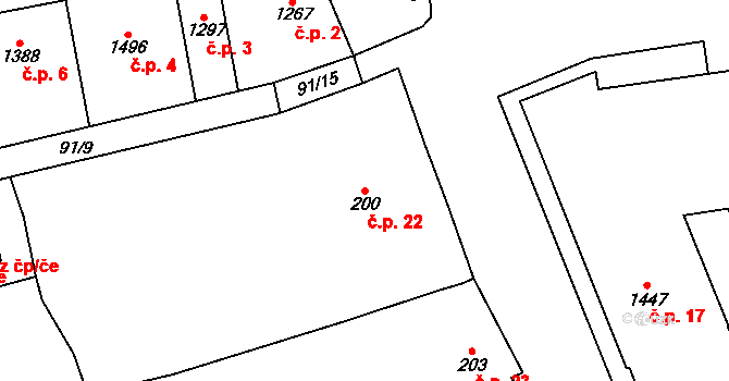Hrušovany nad Jevišovkou 22 na parcele st. 200 v KÚ Hrušovany nad Jevišovkou, Katastrální mapa