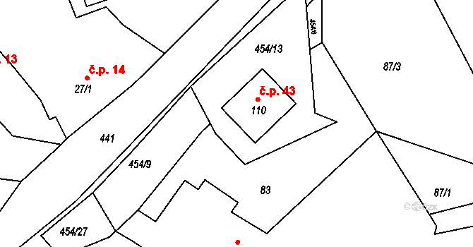 Čekanov 43, Úžice na parcele st. 110 v KÚ Čekanov, Katastrální mapa