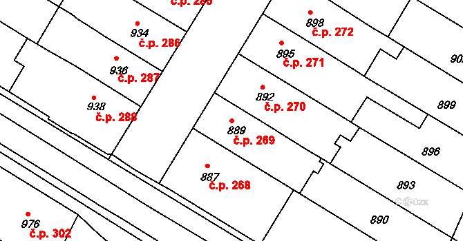 Hrušovany u Brna 269 na parcele st. 889 v KÚ Hrušovany u Brna, Katastrální mapa