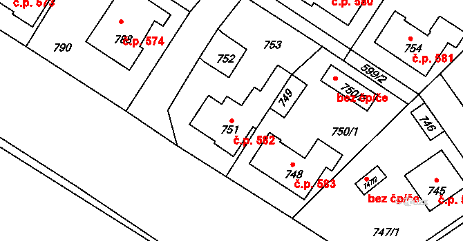 Buštěhrad 582 na parcele st. 751 v KÚ Buštěhrad, Katastrální mapa