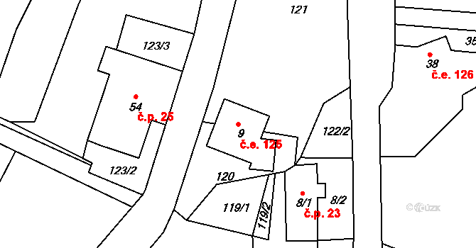 Dlouhá Louka 125, Osek na parcele st. 9 v KÚ Dlouhá Louka, Katastrální mapa
