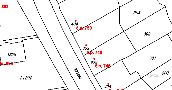 Uničov 749 na parcele st. 433 v KÚ Uničov, Katastrální mapa