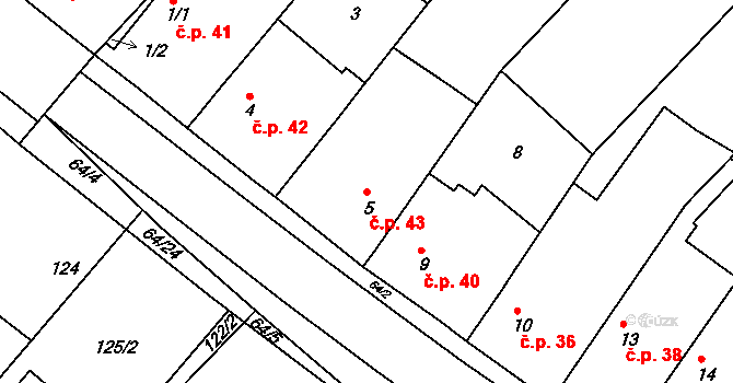 Skuhrov 43, Velký Borek na parcele st. 5 v KÚ Skuhrov u Mělníka, Katastrální mapa