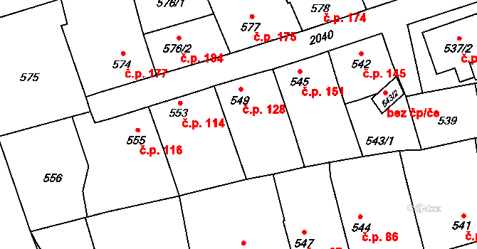 Uhříněves 128, Praha na parcele st. 549 v KÚ Uhříněves, Katastrální mapa