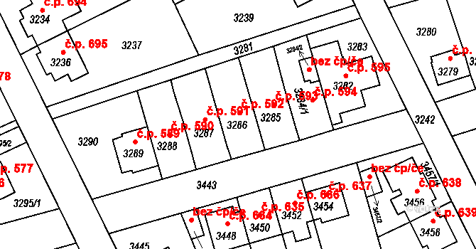 Záběhlice 592, Praha 4 na parcele st. 3286 v KÚ Záběhlice, Katastrální mapa