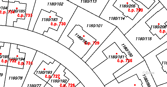 Nebušice 729, Praha na parcele st. 1180/182 v KÚ Nebušice, Katastrální mapa