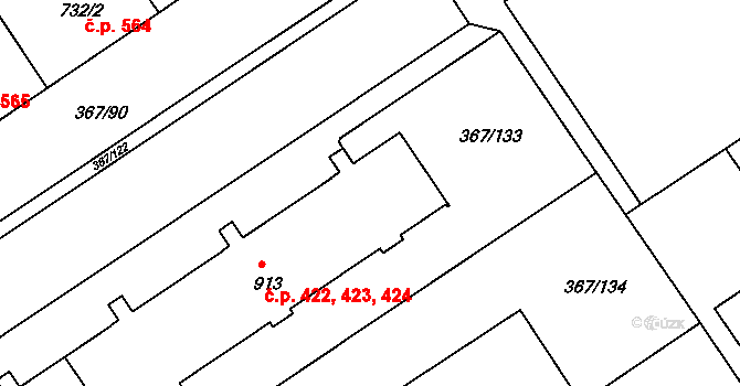 Moravské Předměstí 422,423,424, Hradec Králové na parcele st. 913 v KÚ Třebeš, Katastrální mapa