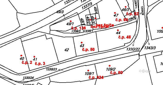Božkov 50, Plzeň na parcele st. 43 v KÚ Božkov, Katastrální mapa