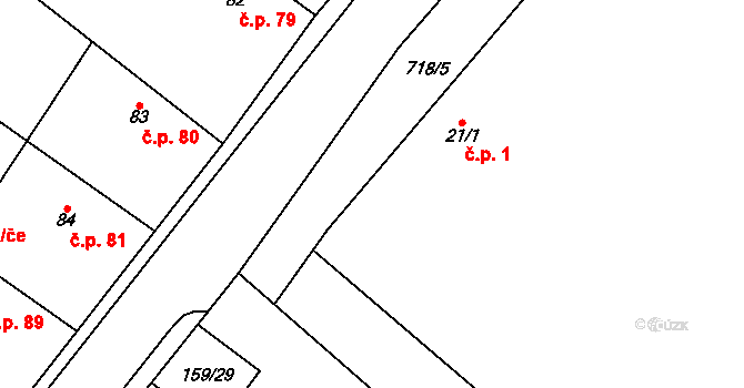 Nepřevázka 1 na parcele st. 21/1 v KÚ Nepřevázka, Katastrální mapa