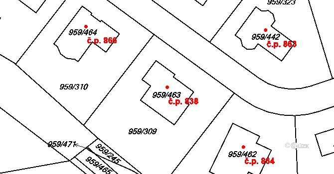 Průhonice 838 na parcele st. 959/463 v KÚ Průhonice, Katastrální mapa