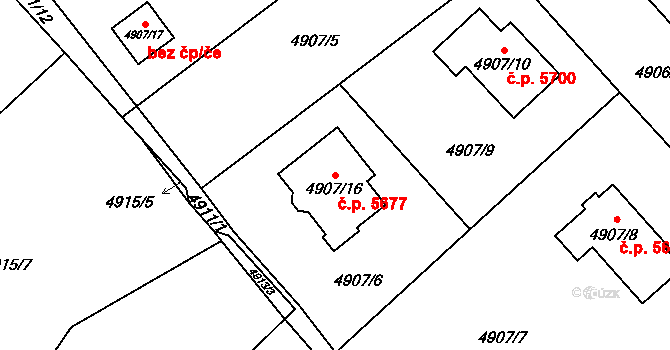 Chomutov 5677 na parcele st. 4907/16 v KÚ Chomutov I, Katastrální mapa
