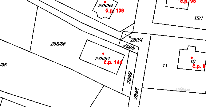 Pávov 144, Jihlava na parcele st. 288/94 v KÚ Pávov, Katastrální mapa