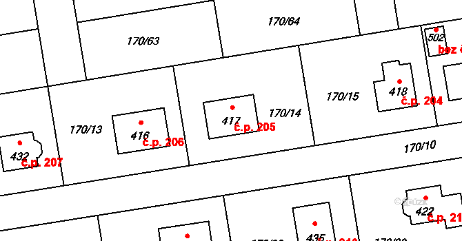Postřižín 205 na parcele st. 417 v KÚ Postřižín, Katastrální mapa