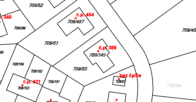 Popůvky 388 na parcele st. 709/345 v KÚ Popůvky u Brna, Katastrální mapa