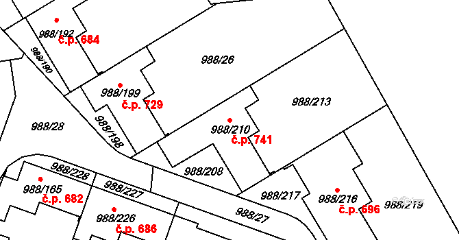 Soběšice 741, Brno na parcele st. 988/210 v KÚ Soběšice, Katastrální mapa