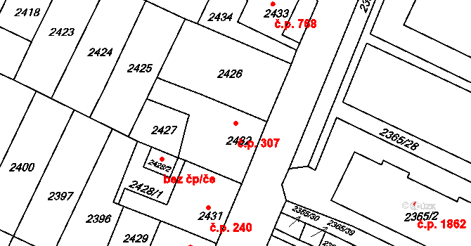 Předměstí 307, Litoměřice na parcele st. 2432 v KÚ Litoměřice, Katastrální mapa