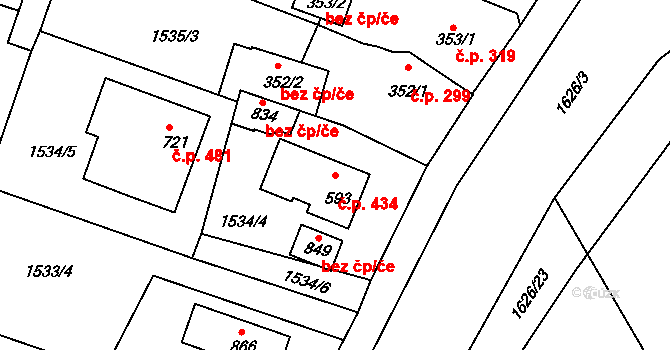 Bystřice 434 na parcele st. 593 v KÚ Bystřice u Benešova, Katastrální mapa