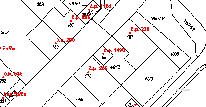 Sezimovo Ústí 1498 na parcele st. 188 v KÚ Sezimovo Ústí, Katastrální mapa