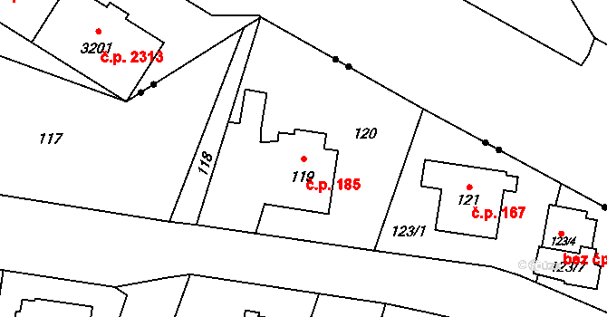 Výškovice 185, Ostrava na parcele st. 119 v KÚ Výškovice u Ostravy, Katastrální mapa